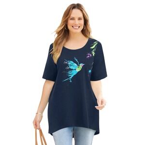 Catherines Plus Size 3X Top 26/28W Black Hummingbird V-Neck Short Sleeve 168